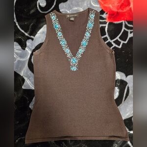 INC International Concepts Brown Sleeveless V-Neck Turquoise Beaded Blouse Sz S